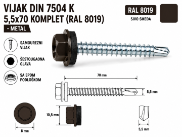 VIJAK DIN 7504 K 5,5x70 KOMPLET (RAL 8019)-METAL